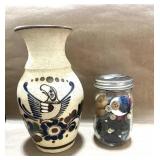 Signed Mexican Pottery Vase and Jar of Vintage Buttons