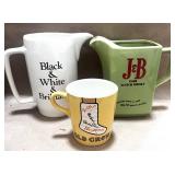 Vintage Black and White Whiskey and J& Whisky Pitchers and Old Crow Cup
