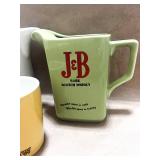 Vintage Black and White Whiskey and J& Whisky Pitchers and Old Crow Cup