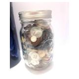 Vintage Ceramic Blue Vase and Jar of Buttons