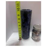 Vintage Ceramic Blue Vase and Jar of Buttons