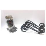 6 Antique Metal Pulls, Jar of Marbles and Three Metal Hangers