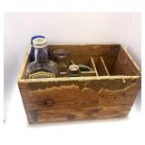 Vintage Wood Ink Box with Misc. Bottles and Pitcher