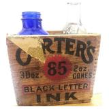 Vintage Wood Ink Box with Misc. Bottles and Pitcher