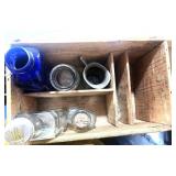 Vintage Wood Ink Box with Misc. Bottles and Pitcher