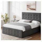 New Grey Full Size Bed Frame with 4 Storage Drawers and Adjustable Headboard