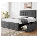 New Grey Full Size Bed Frame with 4 Storage Drawers and Adjustable Headboard