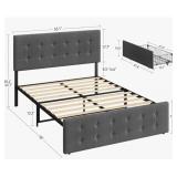 New Grey Full Size Bed Frame with 4 Storage Drawers and Adjustable Headboard