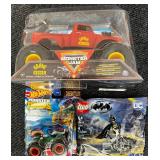 All New - Monster Jam Grave Digger (XL truck) 1/24 Truck - Hot wheels Monster Trucks Cage rattler & New Lego Batman