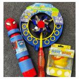 Out Door Fun, Spiderman Water Gun/Squirter, Bubble Blower Pinwheel, and Suddy Buddy Duck for Bubble Bath Time