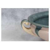 Vintage Ceramic Bowl with Dual Handles and Green Glaze Accents