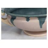 Vintage Ceramic Bowl with Dual Handles and Green Glaze Accents