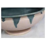 Vintage Ceramic Bowl with Dual Handles and Green Glaze Accents