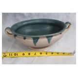 Vintage Ceramic Bowl with Dual Handles and Green Glaze Accents