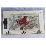 Vintage-style Wall Hanging with Cardinal Painting and Hooks