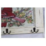 Vintage-style Wall Hanging with Cardinal Painting and Hooks