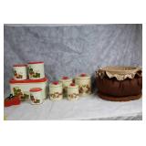 Vintage Canister Set and Burlap Lined Bread Basket