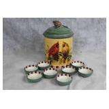 Lenox Winter Greetings Cookie Jar with Cardinal Design and 8 Ceramic Bowls