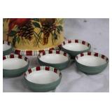 Lenox Winter Greetings Cookie Jar with Cardinal Design and 8 Ceramic Bowls