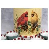 Lenox Winter Greetings Cookie Jar with Cardinal Design and 8 Ceramic Bowls