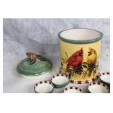 Lenox Winter Greetings Cookie Jar with Cardinal Design and 8 Ceramic Bowls