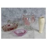 Set of 4 Decorative Glass and Ceramic Rose-Themed Vases and Dishes