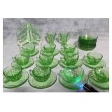 Vintage Depression Glass Tea Set with Uranium Green Glow - 23 Pieces