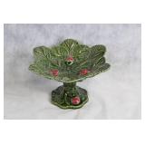 Vintage Majolica Leaf Patterned Cake Stand with Strawberry Accents
