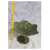 Vintage Majolica Leaf Patterned Cake Stand with Strawberry Accents