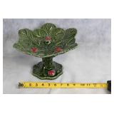 Vintage Majolica Leaf Patterned Cake Stand with Strawberry Accents