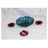 Handmade Fenton Glass Collection: 1 Bowl and 2 Candle Holders