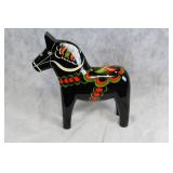 Swedish Handcrafted Black Dala Horse by Grannas with Floral Design