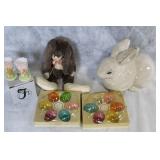 Collection of Easter Decor: Fenton Votive Holders, Glass Eggs, Plush Rabbit, Ceramic Bunny