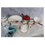 Vintage Enamelware Kitchen Set with Red Trim, 13 Pieces