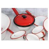 Vintage Enamelware Kitchen Set with Red Trim, 13 Pieces