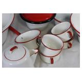 Vintage Enamelware Kitchen Set with Red Trim, 13 Pieces