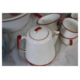 Vintage Enamelware Kitchen Set with Red Trim, 13 Pieces