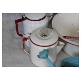 Vintage Enamelware Kitchen Set with Red Trim, 13 Pieces