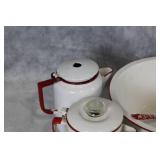 Vintage Enamelware Kitchen Set with Red Trim, 13 Pieces