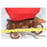 Vintage Wooden Covered Wagon Lamp with Red Canvas Cover