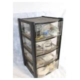 Black Plastic Storage Drawers with Assorted Hardware and Tools