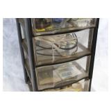 Black Plastic Storage Drawers with Assorted Hardware and Tools