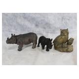 Decorative Rhino Figures Set and Brass Owl Sculpture