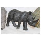 Decorative Rhino Figures Set and Brass Owl Sculpture