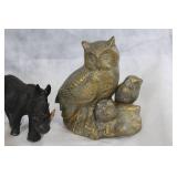 Decorative Rhino Figures Set and Brass Owl Sculpture