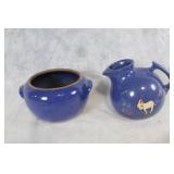 Set of 2 Vintage Blue Ceramic Vessels with Donkey Motif