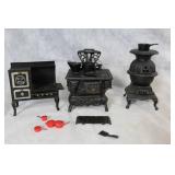 Set of 3 Miniature Cast Iron Stoves with Accessories