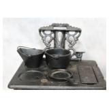Set of 3 Miniature Cast Iron Stoves with Accessories