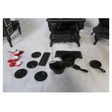 Set of 3 Miniature Cast Iron Stoves with Accessories