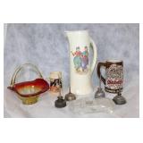Assorted Vintage Ceramic Mugs, Glass Basket, Pitcher, and Collectible Car Model